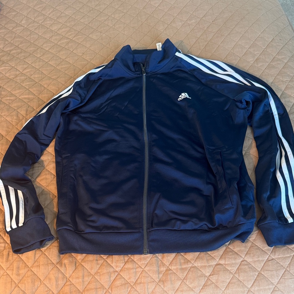 Adidas Men's Dark Blue Track Jacket with White Stripes
